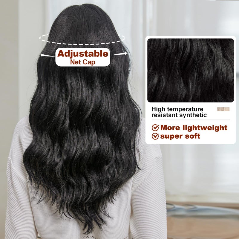 EMMOR Black Wigs for Women Long Curly Wigs With Bangs Water Wavy Synthetic Wig, Party Cosplay Daily Use - Image 3